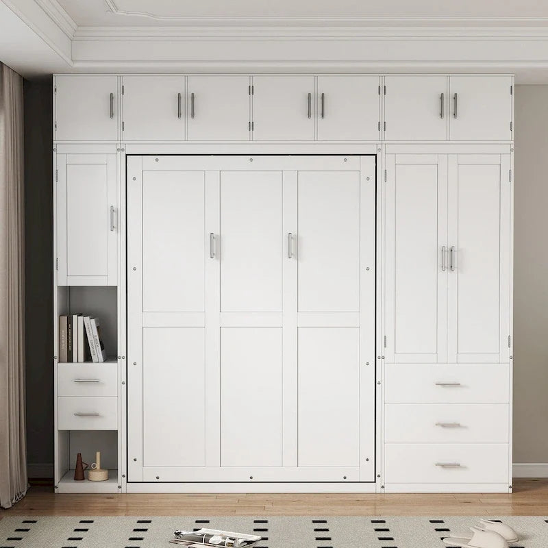 White Full Size Modern Murphy Bed with Drawers, Lockers, and Wardrobes