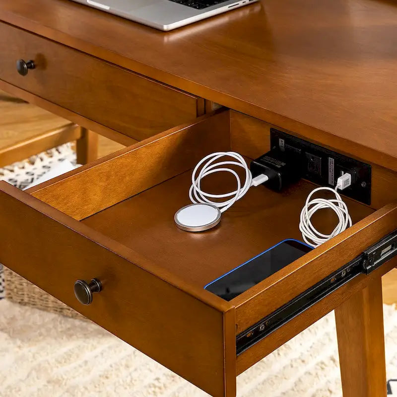 Mid-century Office Desk with Drawer Divider&Cable Management&Charging Station