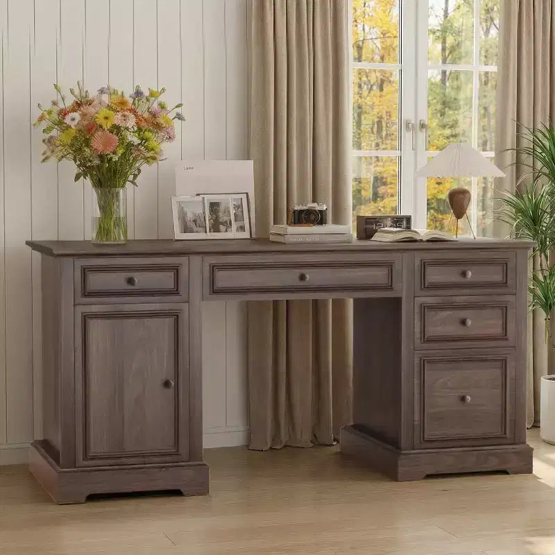 60 inch boerenstijl directiebureau voor thuiskantoor - Houten schrijftafel met lades, kastopslag, rustiek bureau voor werk en studie