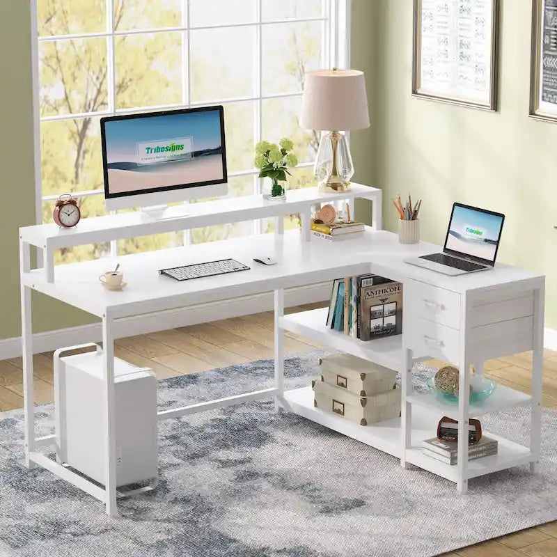 L-vormig bureau met lade, hoekbureau voor thuiswerkplek met opbergplanken en monitorstandaard, rustiek pc-bureau voor kleine ruimtes