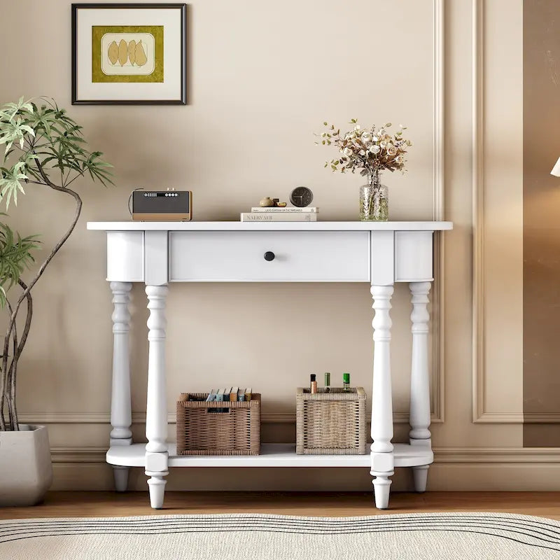 Retro Narrow Console Table with Curved Corner, Top Drawer & Open Shelf