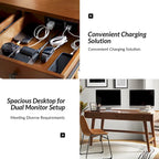 Mid-century Office Desk with Drawer Divider&Cable Management&Charging Station