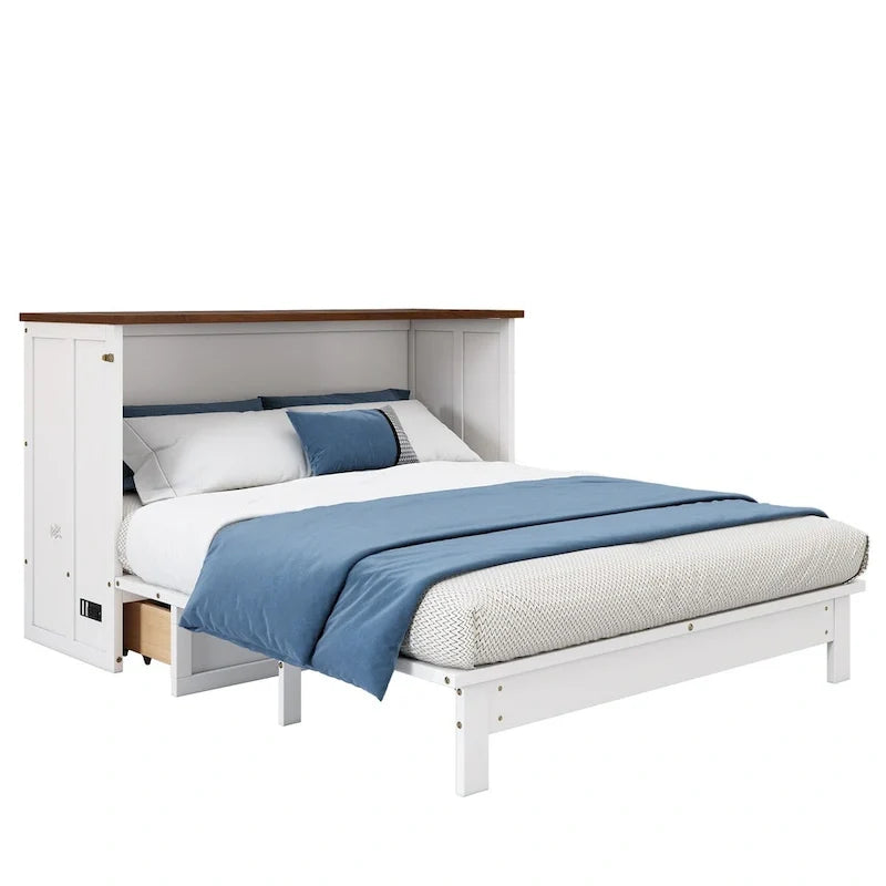 Solid Pine Murphy Bed Chest with Charging Station and Large Storage Drawer