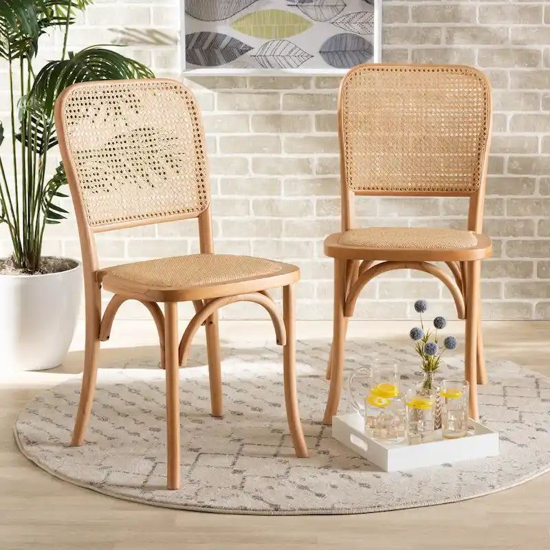 Neah Mid-Century Modern 2-delige eetkamerstoelset van gevlochten rotan en hout