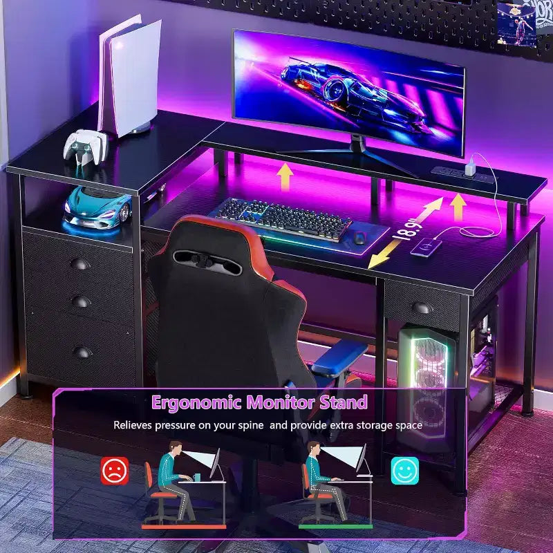 Qwatto 52in Gaming Desk Charging Station and Light Reversible Computer Desk 4 Drawers File Cabinet Printer Storage Shelves Monitor Stand Black Finish
