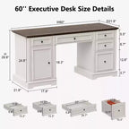 60 inch boerenstijl directiebureau voor thuiskantoor - Houten schrijftafel met lades, kastopslag, rustiek bureau voor werk en studie