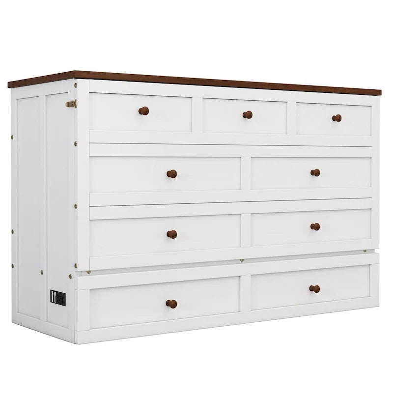 Solid Pine Murphy Bed Chest with Charging Station and Large Storage Drawer