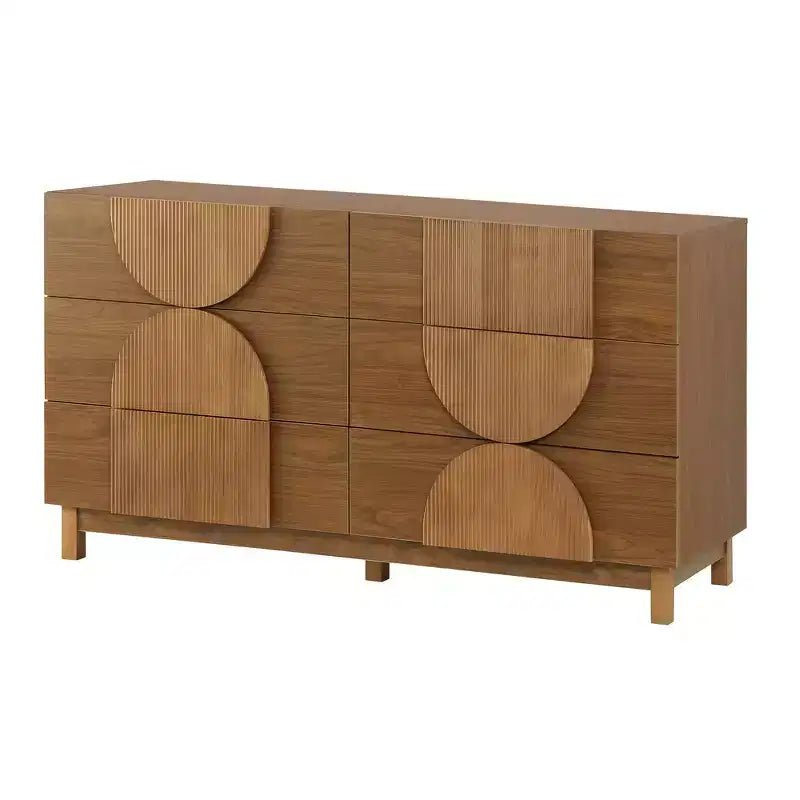 Moderne geometrische ladekast met 6 lades, brede opbergkast met halve cirkelaccenten voor slaapkamer en woonkamer