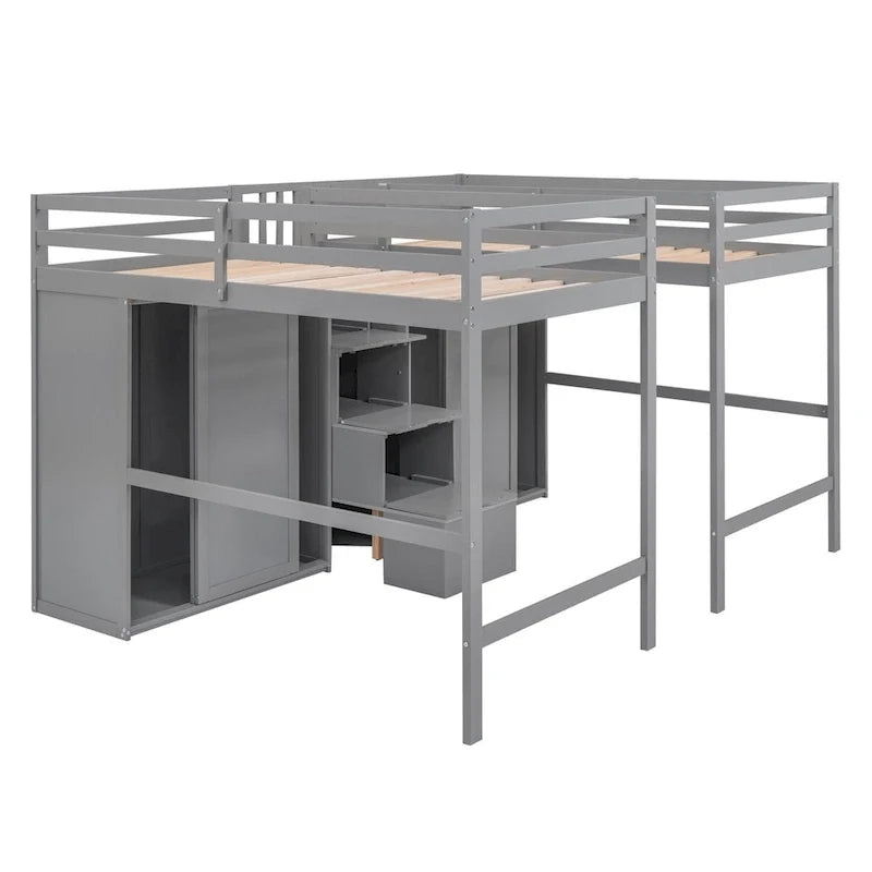 Double Twin Loft Beds with Wardrobes and Staircase