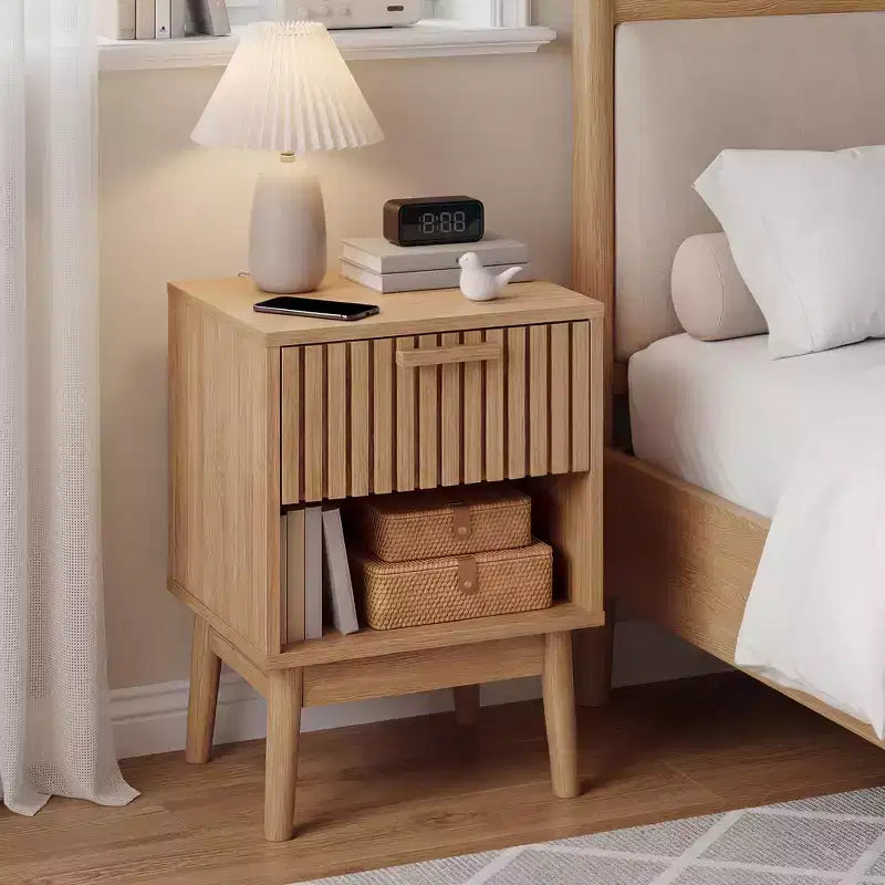 Set van 2 boho-nachtkastjes met gestreepte lade en open plank, compact houten nachtkastje, kleine bijzettafel voor slaapkamer en woonkamer