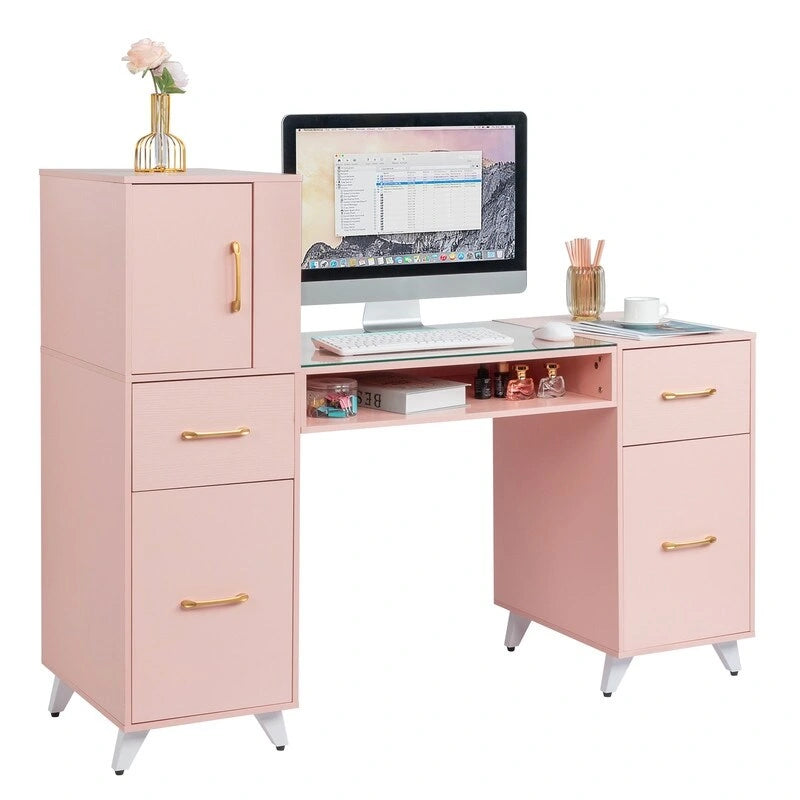 Computerbureau van 55 inch met planken, laden en kastje