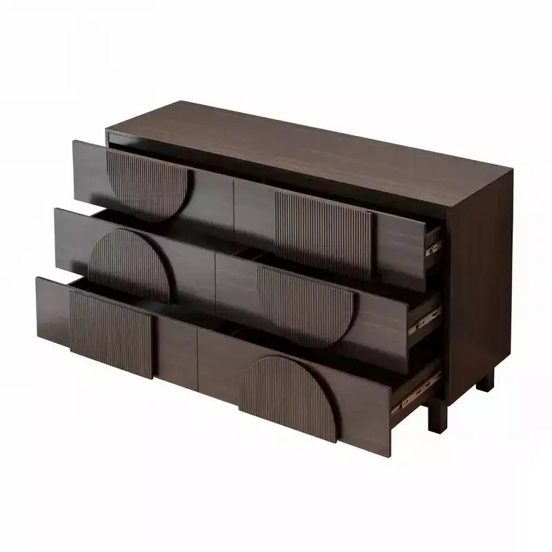Moderne geometrische ladekast met 6 lades, brede opbergkast met halve cirkelaccenten voor slaapkamer en woonkamer