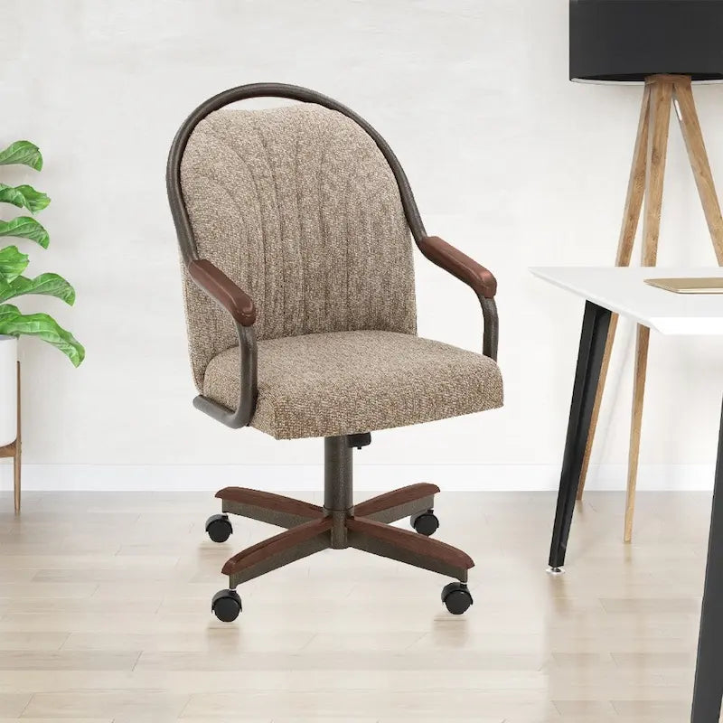 Chromcraft Douglas eetkamerstoelen met wieltjes in kastanjebruin, grijze afwerking (set van 2)