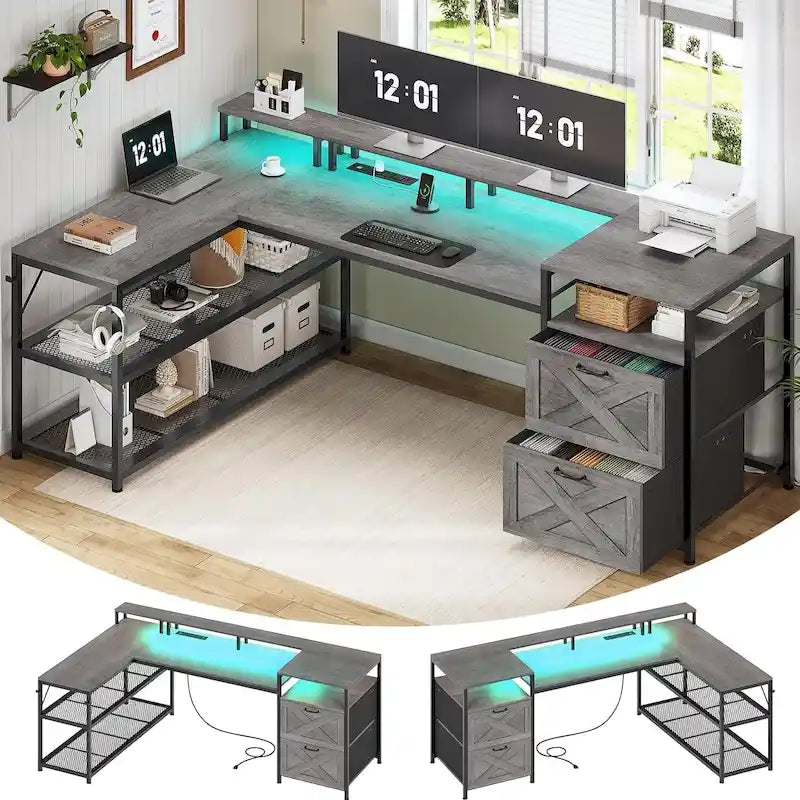 67 L Gaming Shaped Desk Storage Shelves Power Outlet 2 Drawers
