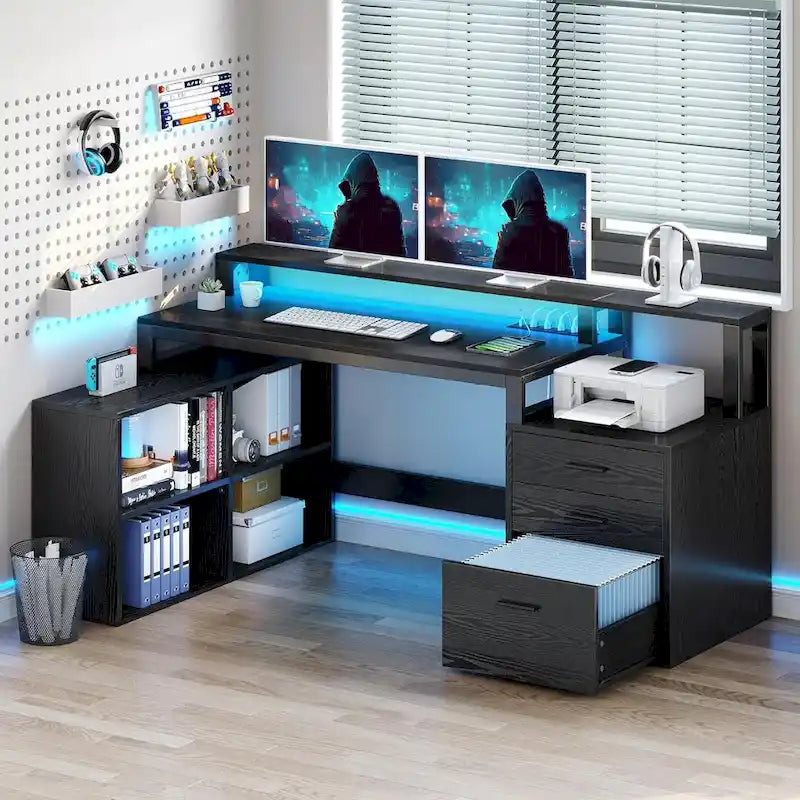 65 L-Shaped Corner Desk with RGB LED, Monitor Stand & Storage Cabinet ï¿?1-Person | White / Oak / Charcoal Grey / Black