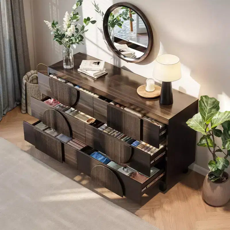 Moderne geometrische ladekast met 6 lades, brede opbergkast met halve cirkelaccenten voor slaapkamer en woonkamer