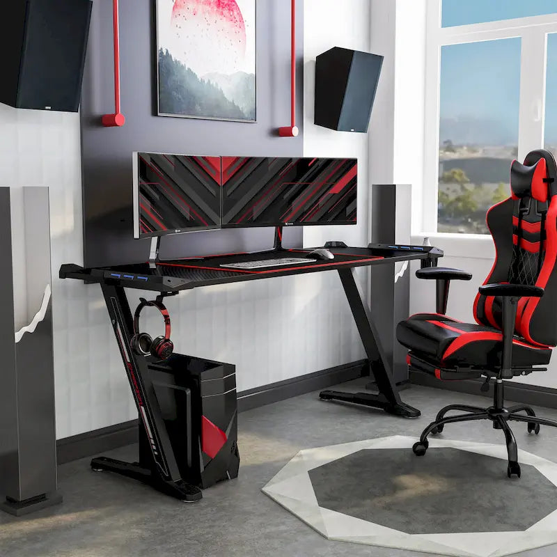 Modern Zwart 67-inch Stalen Gaming Bureau met USB-poorten en LED-verlichting