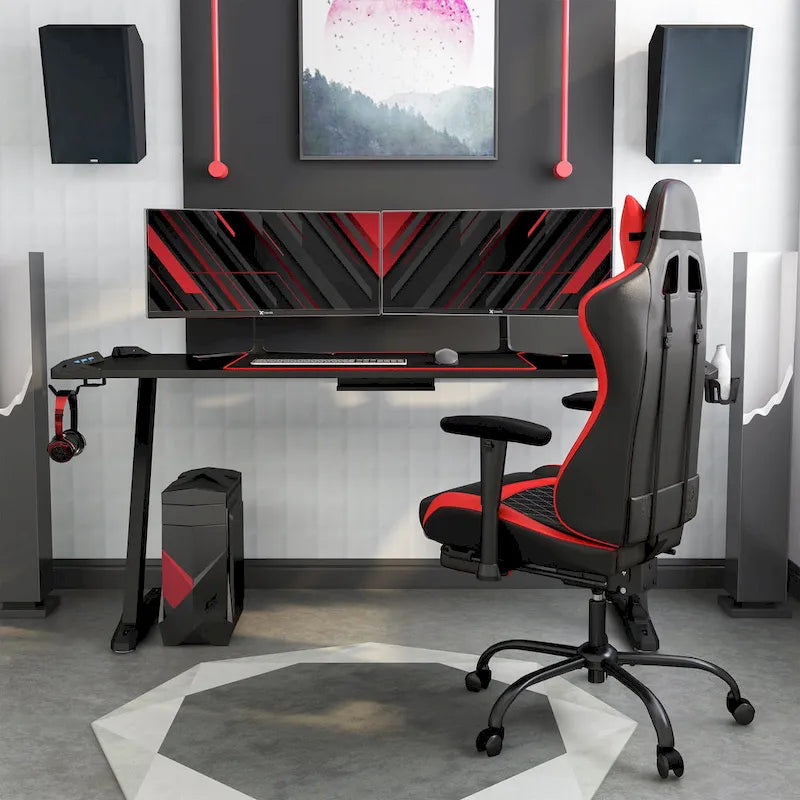 Modern Zwart 67-inch Stalen Gaming Bureau met USB-poorten en LED-verlichting