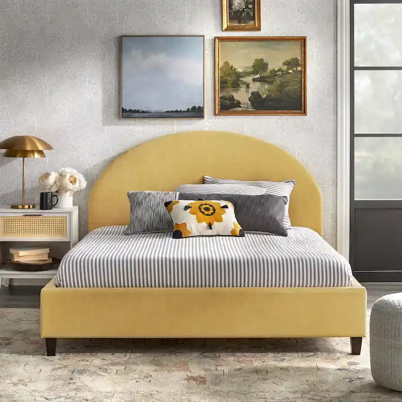 Gestoffeerd Queen Platformbed met Rond Hoofdeinde in Mid-Century Stijl