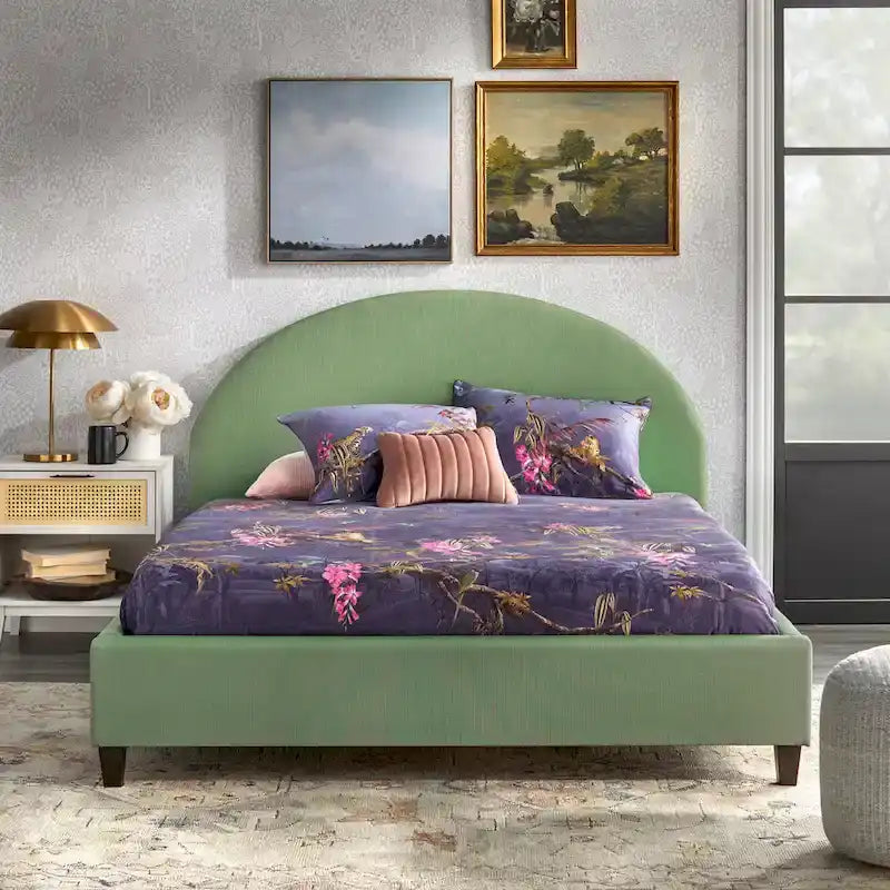 Gestoffeerd Queen Platformbed met Rond Hoofdeinde in Mid-Century Stijl