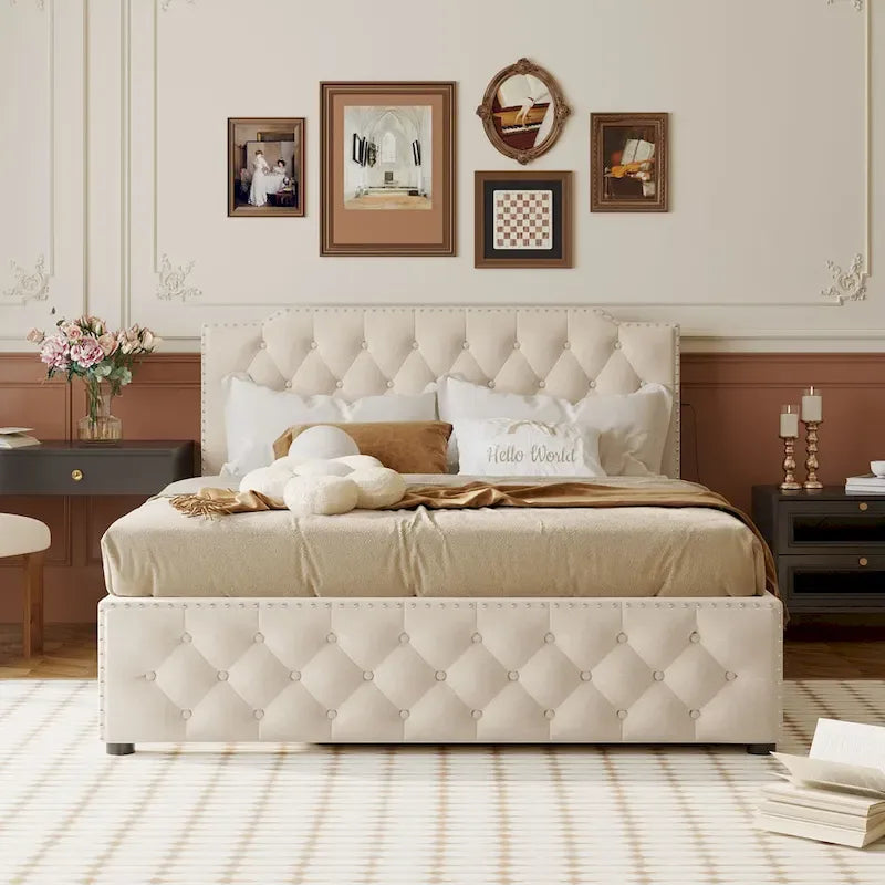 Gestoffeerd Queen Size Platformbed met Uitschuifbed en USB-Poorten, Linnenstof, Beige