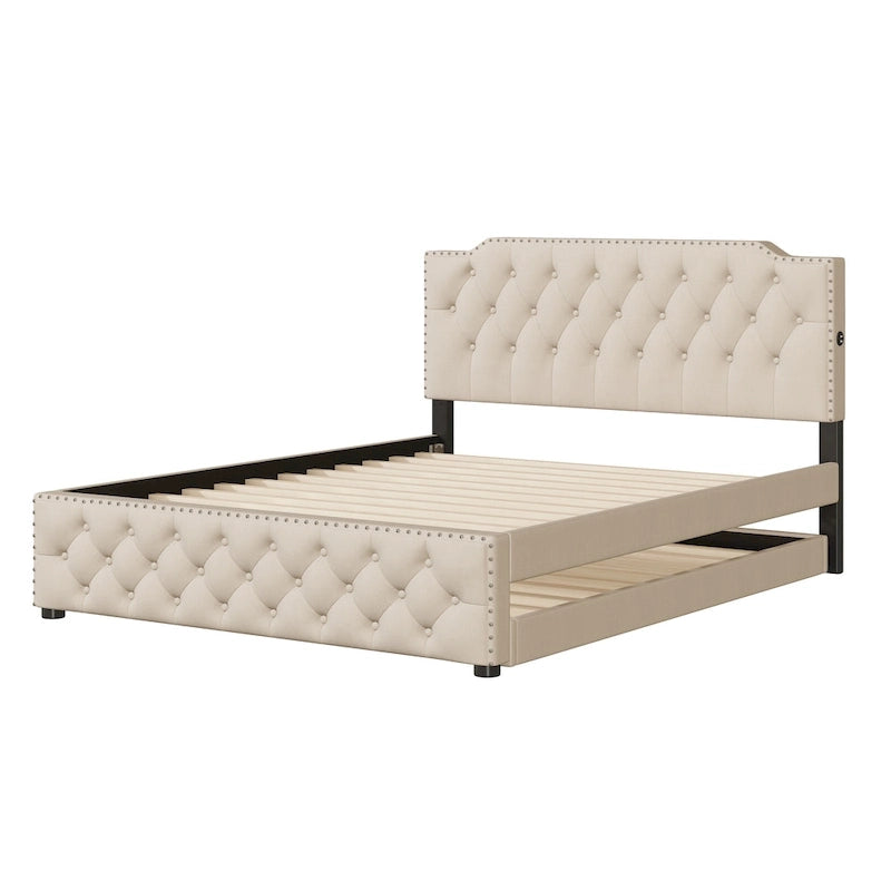 Gestoffeerd Queen Size Platformbed met Uitschuifbed en USB-Poorten, Linnenstof, Beige