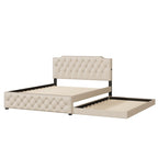 Gestoffeerd Queen Size Platformbed met Uitschuifbed en USB-Poorten, Linnenstof, Beige