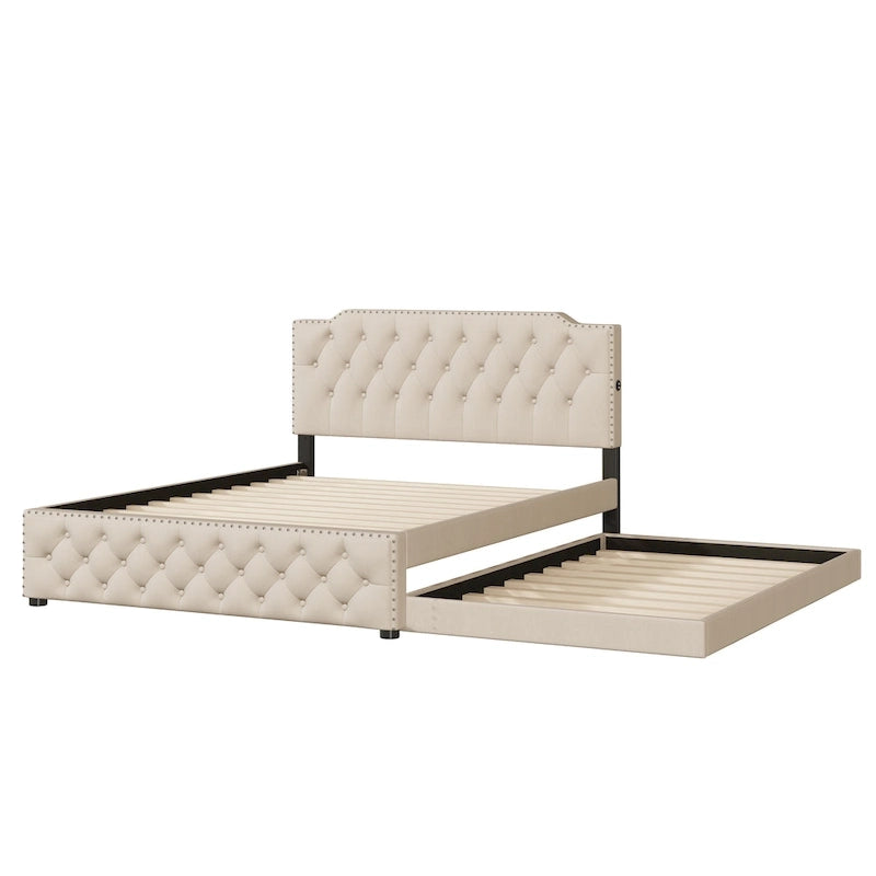 Gestoffeerd Queen Size Platformbed met Uitschuifbed en USB-Poorten, Linnenstof, Beige