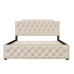 Gestoffeerd Queen Size Platformbed met Uitschuifbed en USB-Poorten, Linnenstof, Beige