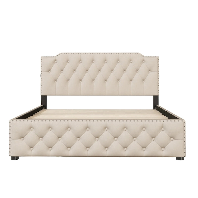 Gestoffeerd Queen Size Platformbed met Uitschuifbed en USB-Poorten, Linnenstof, Beige