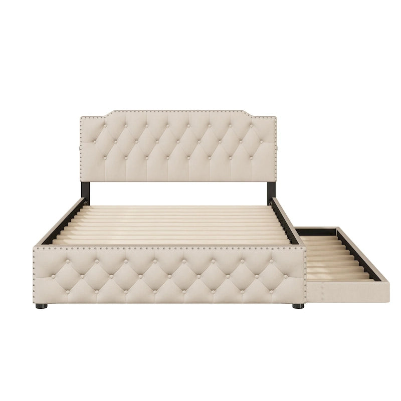 Gestoffeerd Queen Size Platformbed met Uitschuifbed en USB-Poorten, Linnenstof, Beige