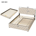 Gestoffeerd Queen Size Platformbed met Uitschuifbed en USB-Poorten, Linnenstof, Beige