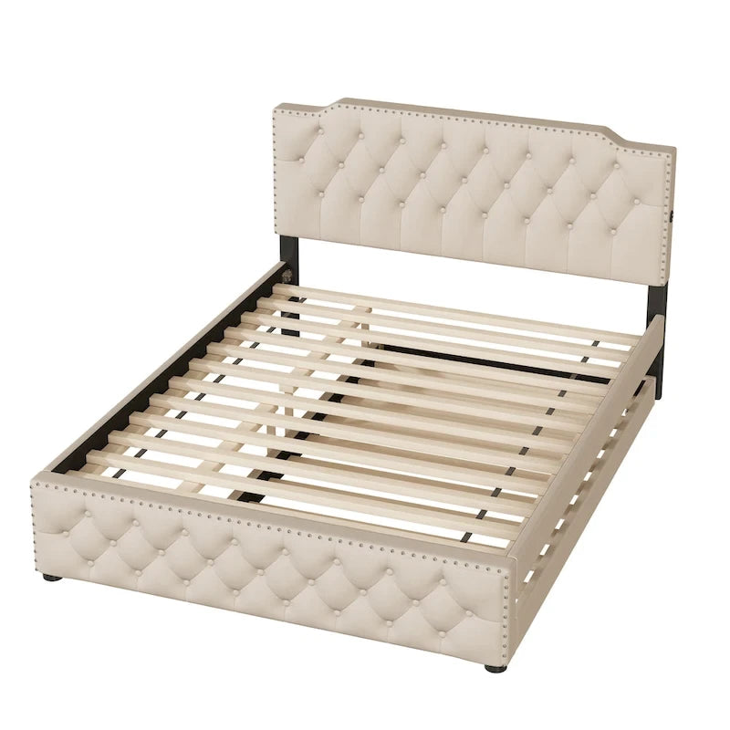 Gestoffeerd Queen Size Platformbed met Uitschuifbed en USB-Poorten, Linnenstof, Beige