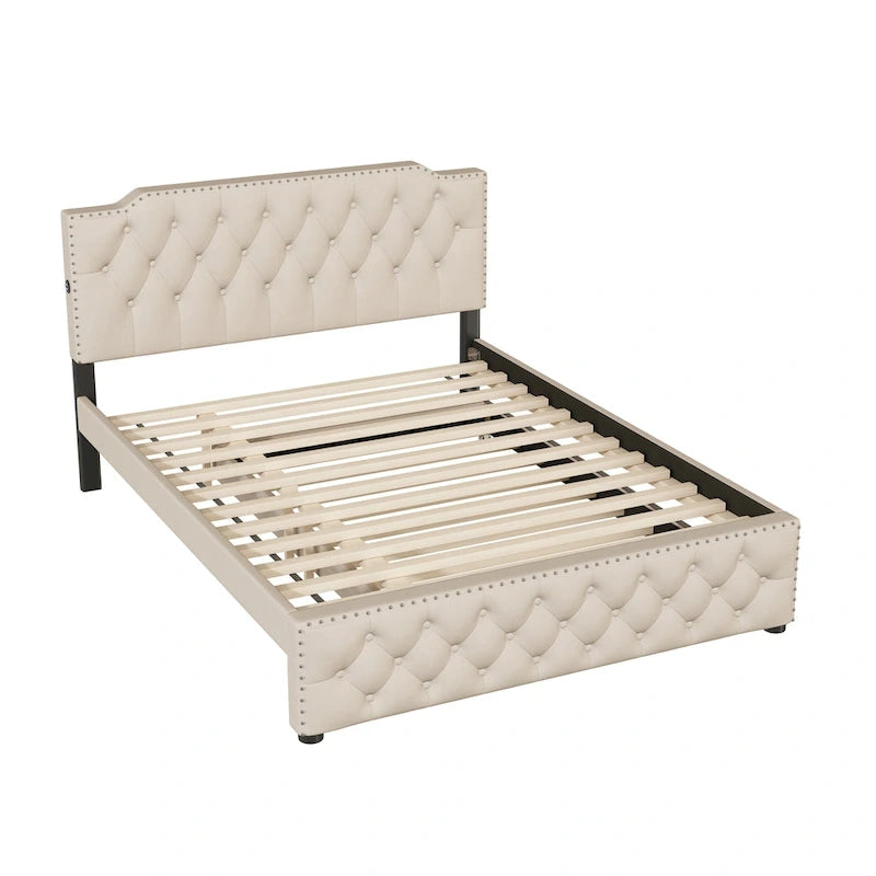 Gestoffeerd Queen Size Platformbed met Uitschuifbed en USB-Poorten, Linnenstof, Beige