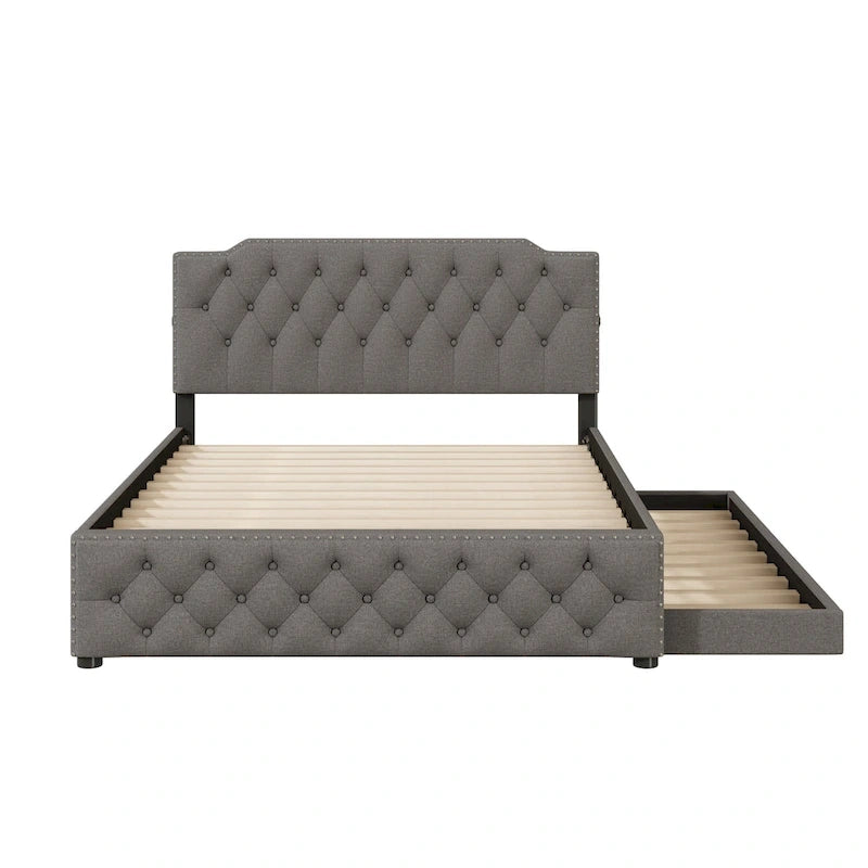 Gestoffeerd Queen Size Platformbed met Uitschuifbed en USB-Poorten, Linnenstof, Beige
