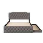 Gestoffeerd Queen Size Platformbed met Uitschuifbed en USB-Poorten, Linnenstof, Beige