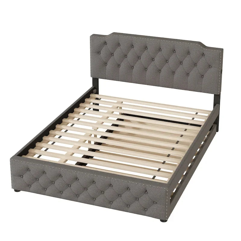 Gestoffeerd Queen Size Platformbed met Uitschuifbed en USB-Poorten, Linnenstof, Beige