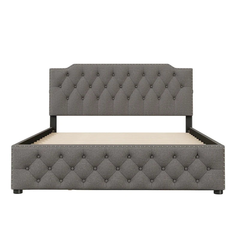 Gestoffeerd Queen Size Platformbed met Uitschuifbed en USB-Poorten, Linnenstof, Beige