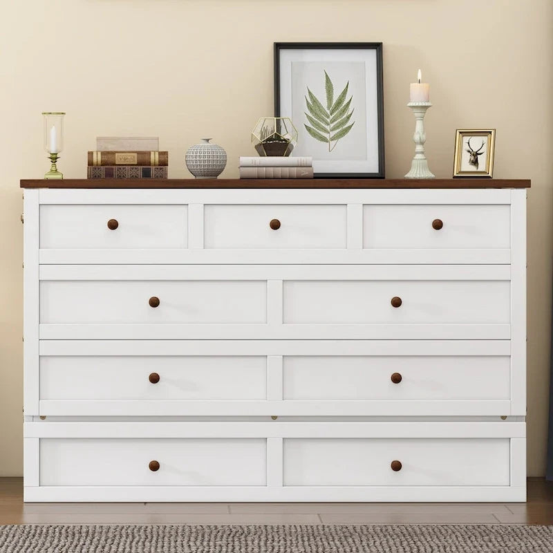 Solid Pine Murphy Bed Chest with Charging Station and Large Storage Drawer
