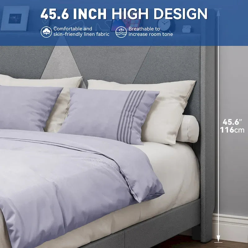 Queen/King Linnen Bedframe met Opbergruimte en Geometrisch Hoofdbord