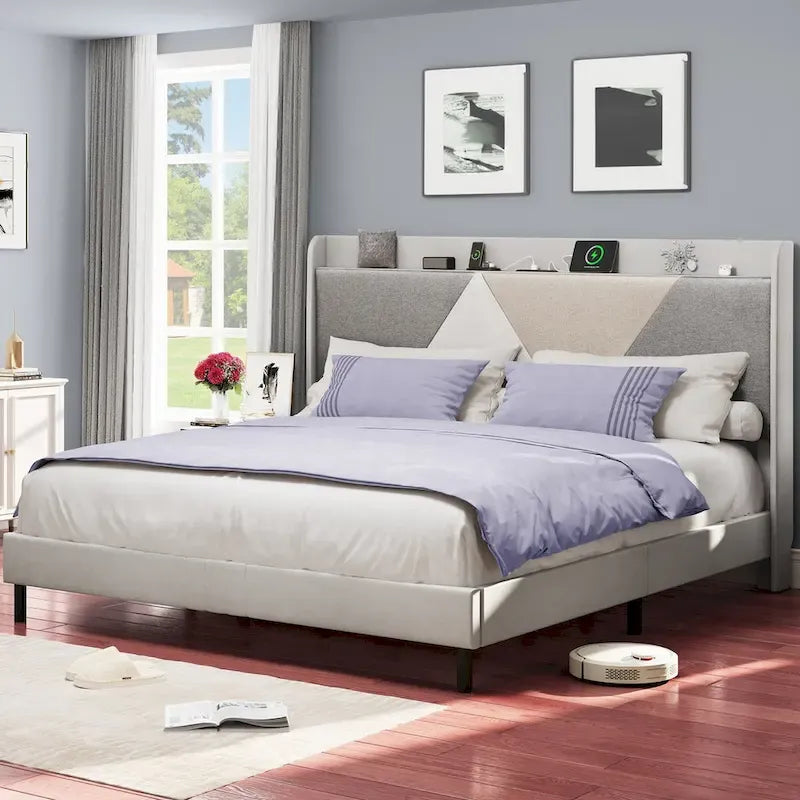 Queen/King Linnen Bedframe met Opbergruimte en Geometrisch Hoofdbord