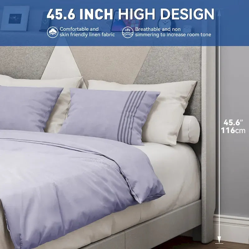 Queen/King Linnen Bedframe met Opbergruimte en Geometrisch Hoofdbord