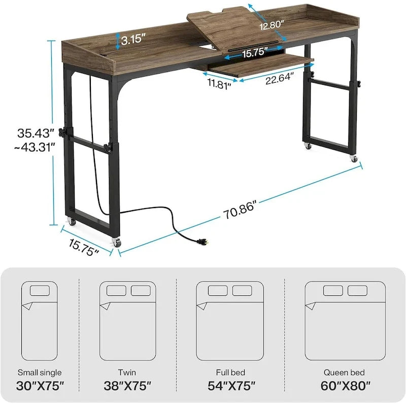 Height Adjustable Overbed Table with Wheels, Mobile Laptop Cart with Outlets & USB Ports