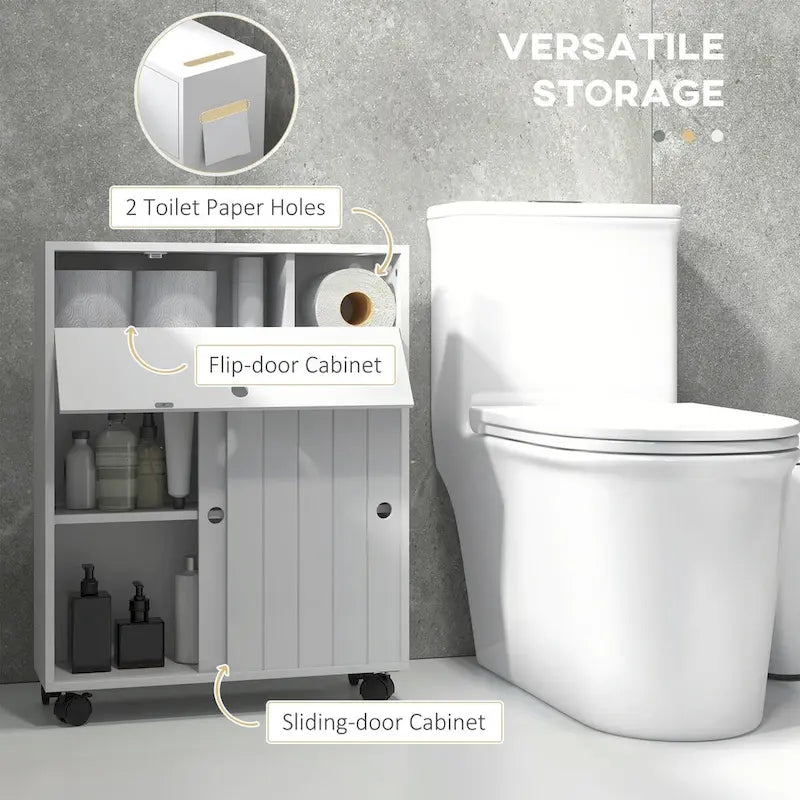 Slanke badkameropbergkast met wieltjes en toiletrolhouder
