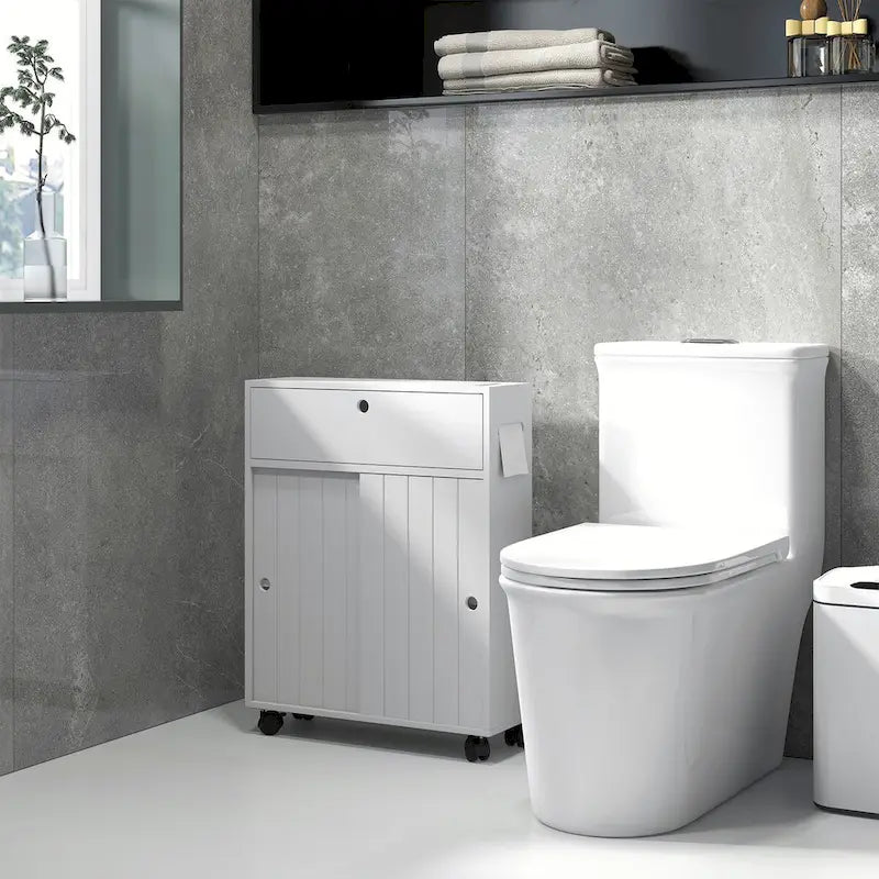 Slanke badkameropbergkast met wieltjes en toiletrolhouder