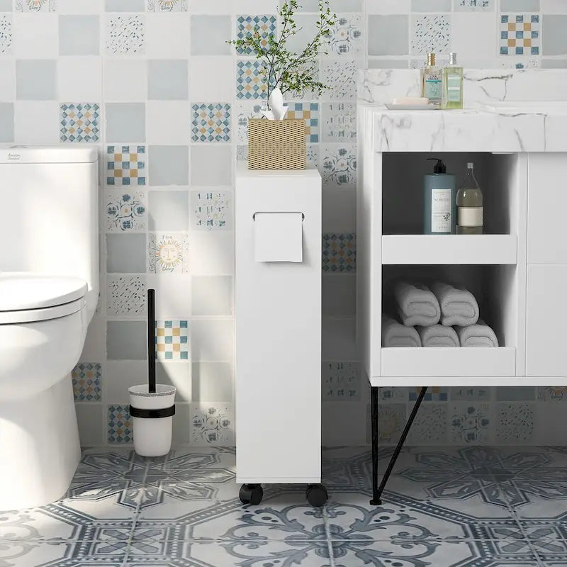 Slanke badkameropbergkast met wieltjes en toiletrolhouder