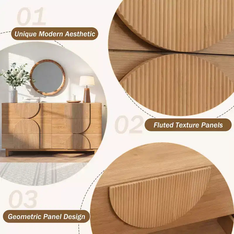 Moderne geometrische ladekast met 6 lades, brede opbergkast met halve cirkelaccenten voor slaapkamer en woonkamer