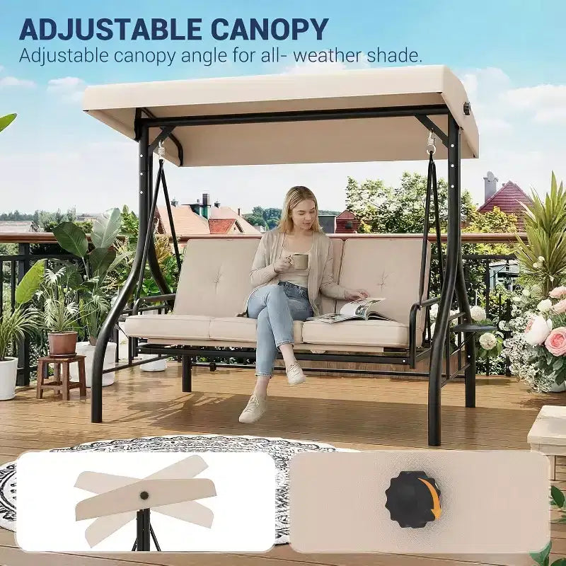 2-in-1 convertible 3-zits outdoorschommelbank met verstelbaar zonnedak, patioschommelbed met standaard, dikke kussens en bekerhouders, voor achtertuin, tuin, veranda