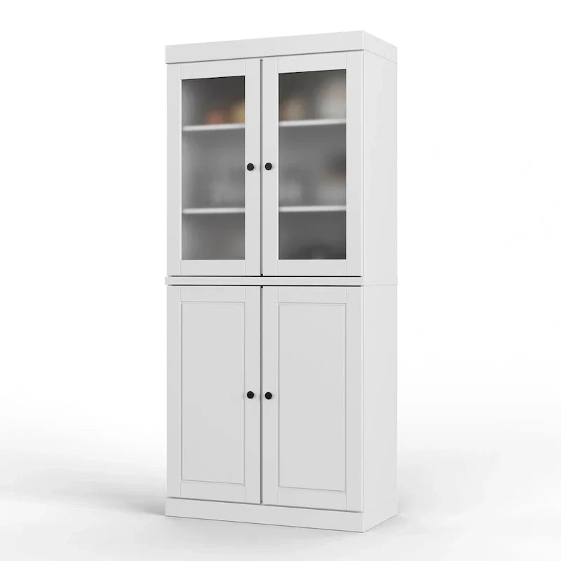 100% Massief houten voorraadkast met deuren van mat glas, dichte deuren, 2 lades en verstelbare planken