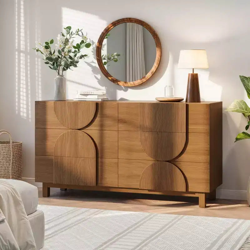 Moderne geometrische ladekast met 6 lades, brede opbergkast met halve cirkelaccenten voor slaapkamer en woonkamer